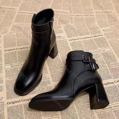 Мода Comemore Темперамент Мода Женские Ботинки Черные Высокий Каблук Круглый Носок Ботильоны для Женщин Осень Зима Пряжка Ремня Короткие Ботильоны