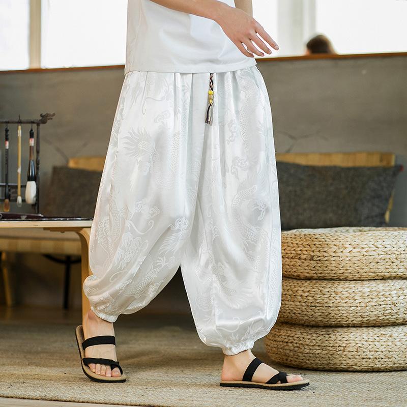2024 Summer Brand Pants for Men Lce Silk Dragon Dark Flower Loose Bloomers High Quality Wide Leg Casual Pants Male