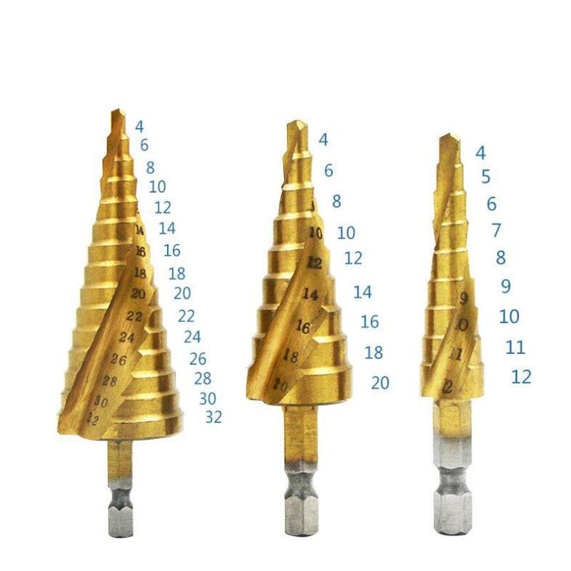 HSS Титановое ступенчатое сверло Коническое ступенчатое сверло для металла дерева Высокоскоростной набор ступенчатых сверл Электроинструменты 3-12 4-12 4-20 4-32 мм