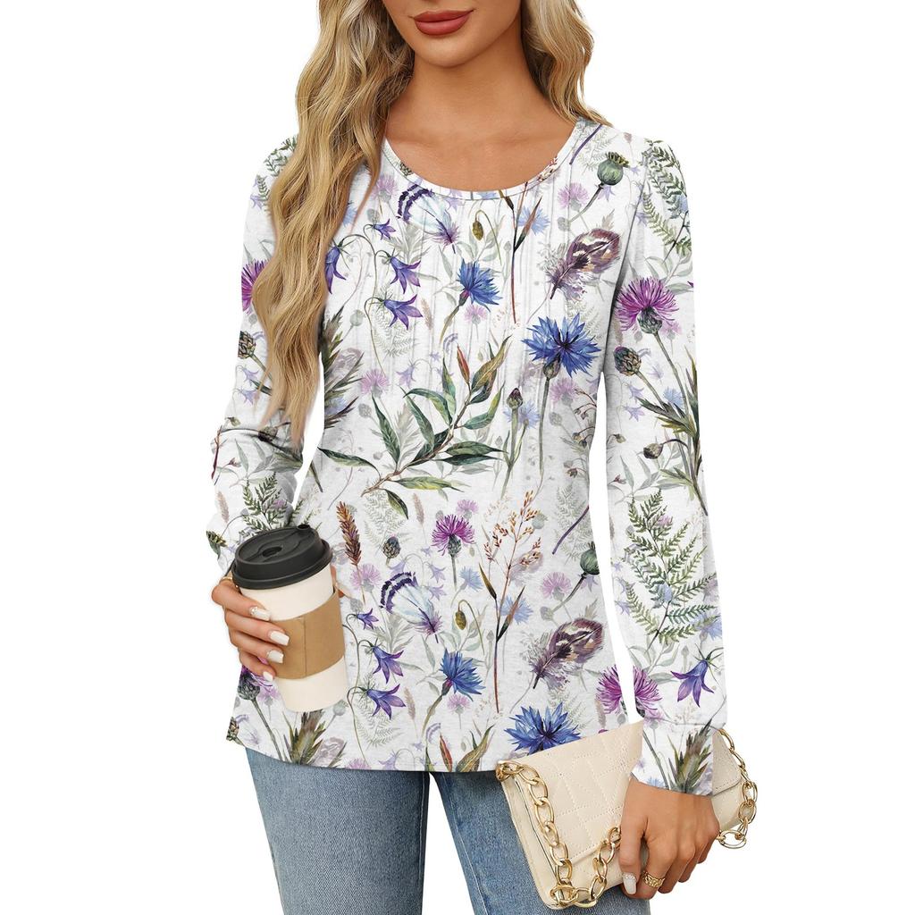 Рубашки с длинным рукавом для женщин, футболки с милым принтом и графикой, блузки, нарядные повседневные блузки, плиссированные топы-туники с овальным вырезом