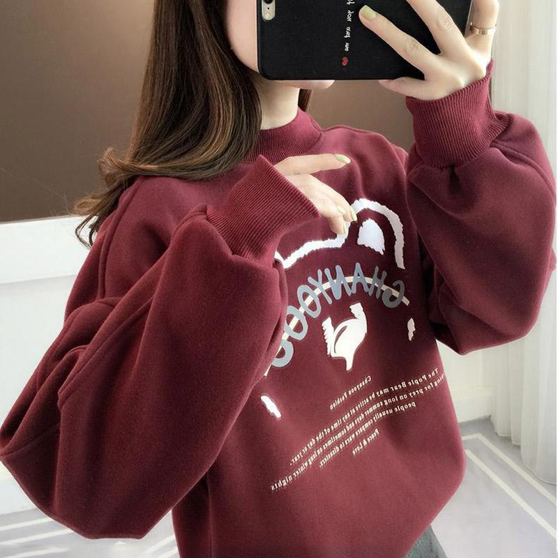 Утолщенный хлопковый свитер, женский осенний свободный топ с полувысоким воротником и мягким принтом, теплый и удобный пуловер, повседневные топы