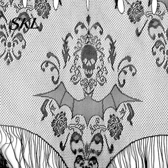 Draped Tassel Curtain Halloween Spooky Window Valance, Skull And Bat Pattern Sheer Lace Curtain, Lightweight Valance Light Filtering Gothic for Living