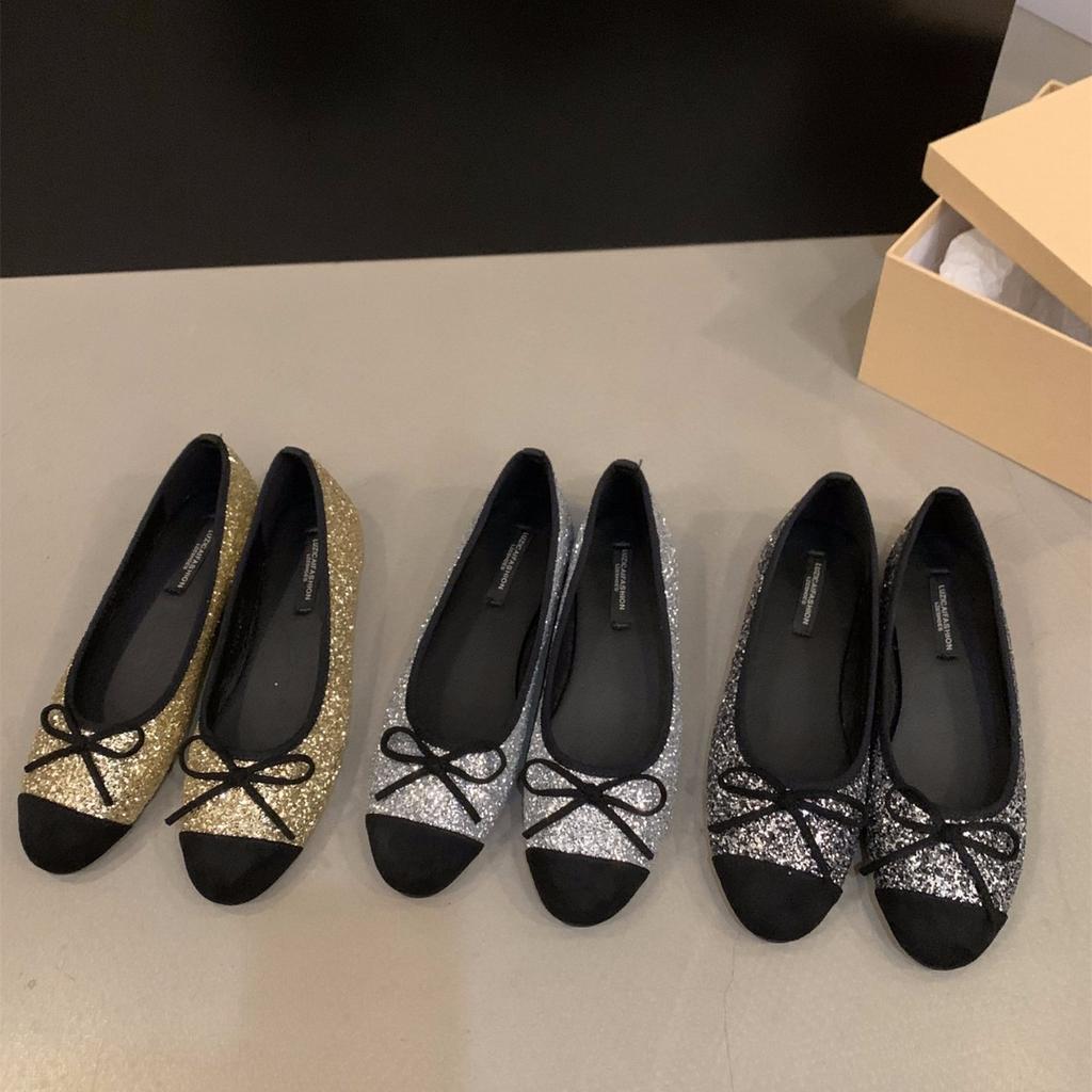 Французские туфли на плоской подошве с серебряными блестками, женские туфли 2025 года, новые весенние и осенне-зимние нежные вечерние туфли, балетки