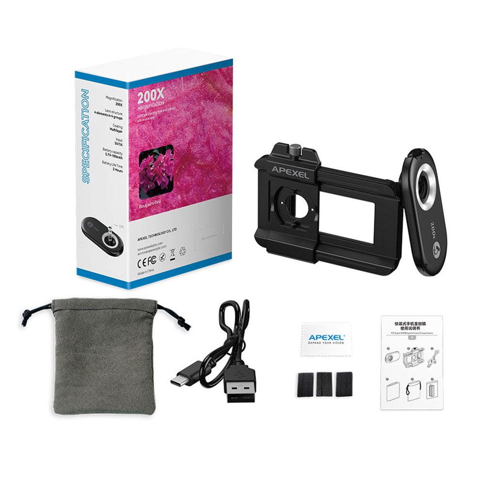 APEXEL APL MS200 200X Объектив микроскопа для мобильного телефона со светодиодной и УФ-подсветкой, встроенным CPL-фильтром, аккумуляторный микроскоп