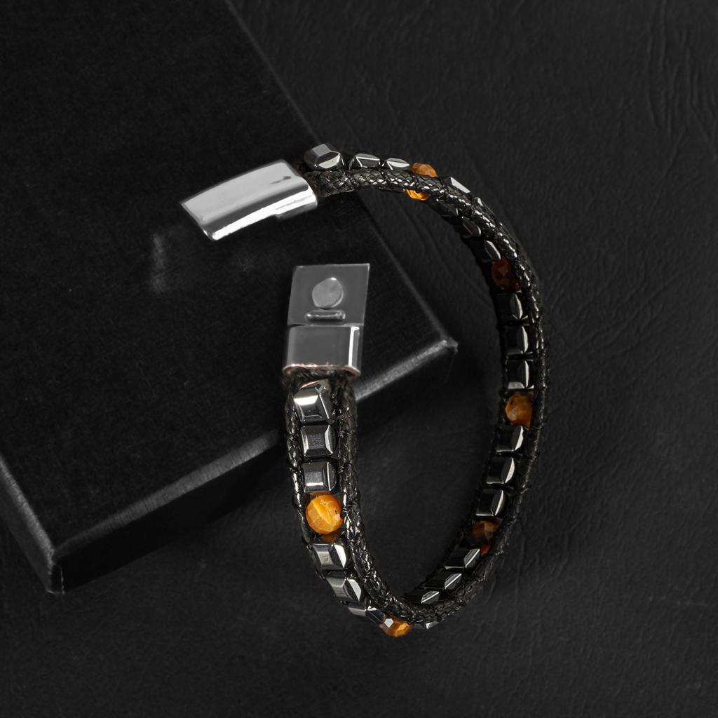 Мужской браслет макраме из тигрового глаза, натурального камня с гематитом