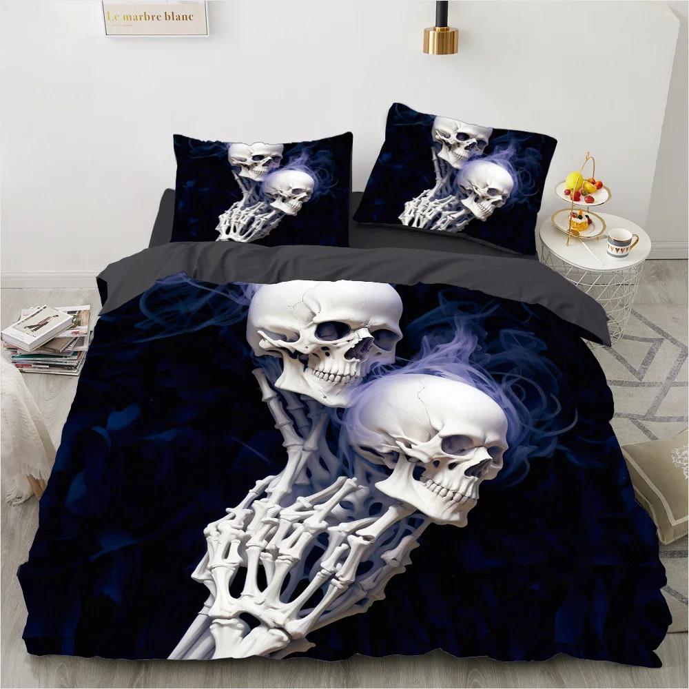 Skull Rose Duvet Cover Set, Gothic Skeleton Bedding Set, Soft Microfiber Quilt Cover Pillowcase, King Queen Size