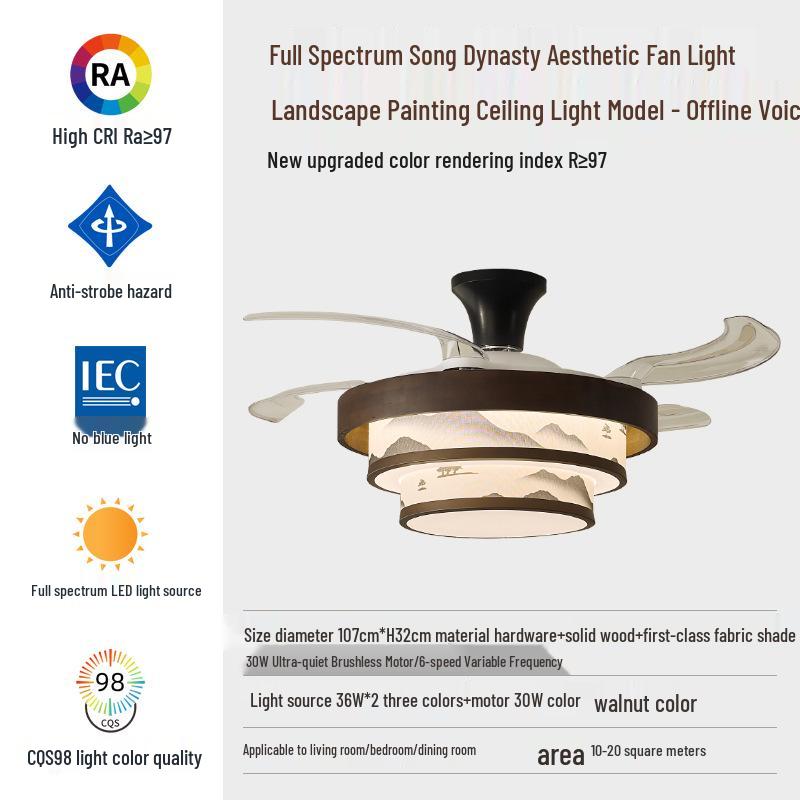 Song Dynasty Mid-Century Retro Solid Wood Invisible Ceiling Fan Light for Bedroom, Living Room, and Restaurant.