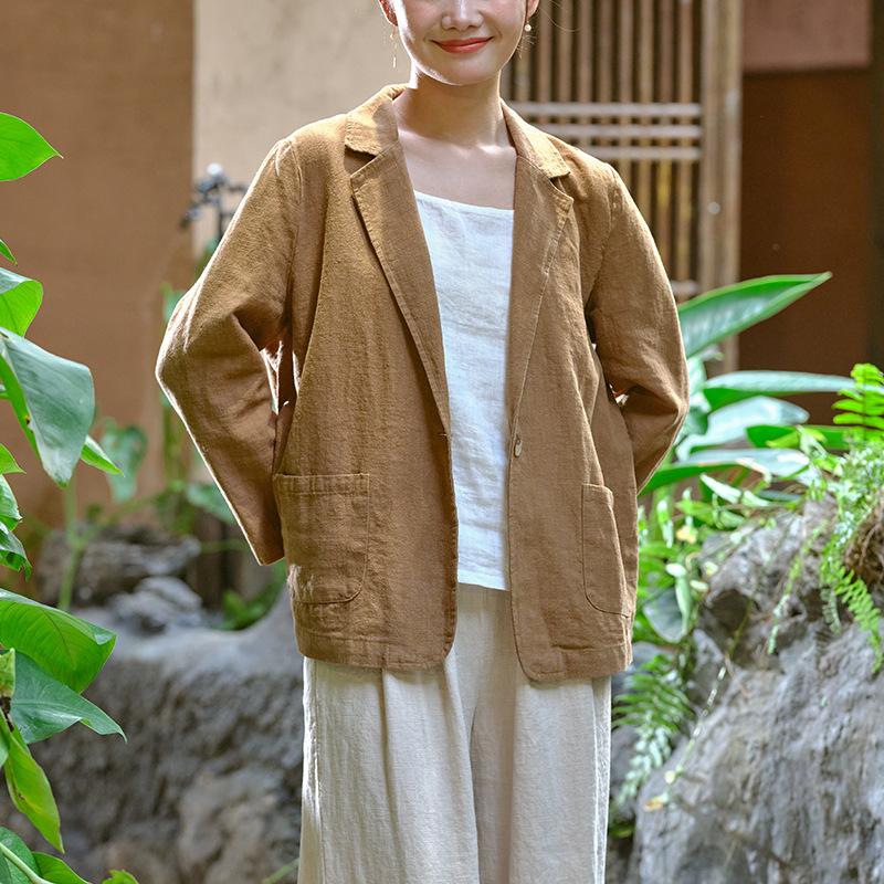 Johnature Женское винтажное льняное пальто на заказ, сплошное цветное пальто с отложным воротником и длинным рукавом, весеннее женское пальто на одной пуговице