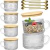 2/4/6Pcs Glass Coffee Cups with Bamboo Lids and Spoons Vintage Coffee Mugs Set 14 Oz Clear Embossed Glassware Tea Cups