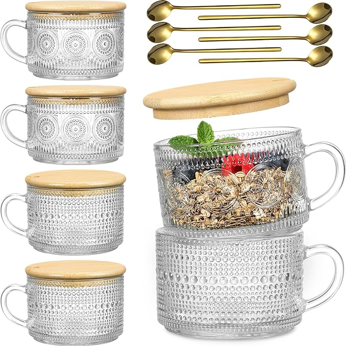 2/4/6Pcs Glass Coffee Cups with Bamboo Lids and Spoons Vintage Coffee Mugs Set 14 Oz Clear Embossed Glassware Tea Cups