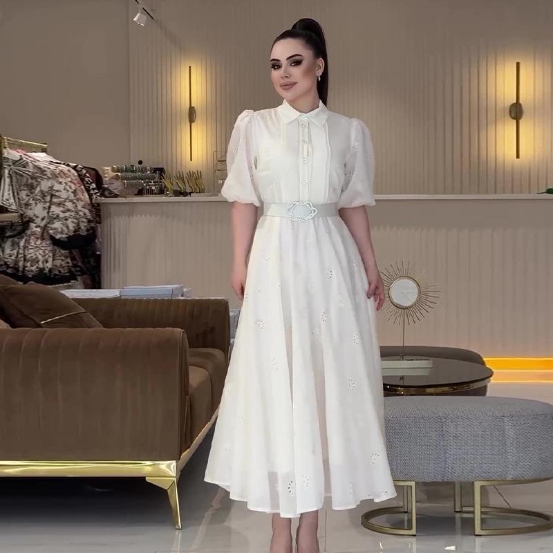 Летнее женское однотонное элегантное длинное платье с пышными рукавами и завязкой на талии