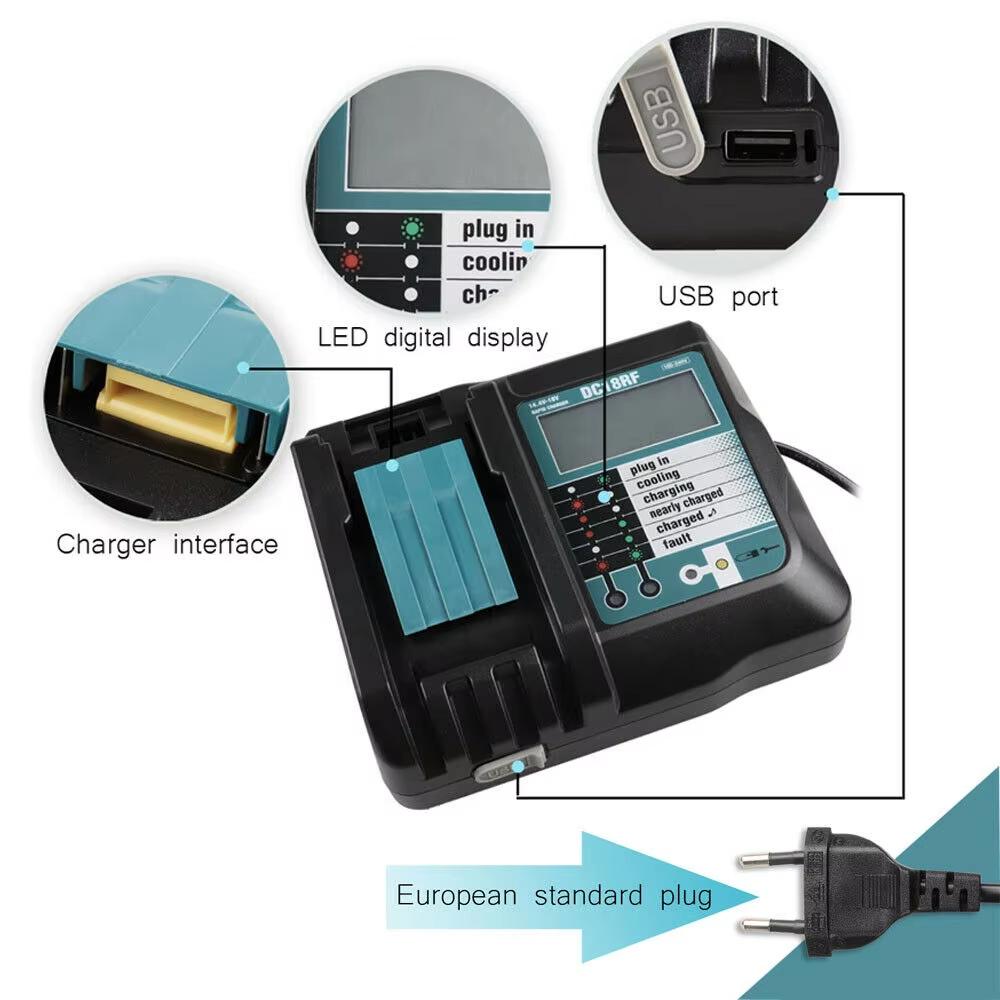DC18RF Li-ion Супербыстрое зарядное устройство для литиевых аккумуляторов Makita 14.4V-18V BL1860B,BL1830,,BL1415,BL1440 со светодиодным экраном, USB-портом
