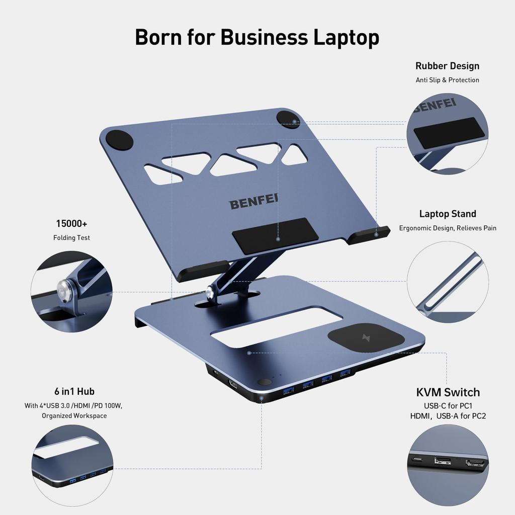 BENFEI 6-в-1 Складная подставка для ноутбука с док-станцией USB-C и магнитной беспроводной зарядкой (15W), Зарядка PD100W, HDMI 4K@60Hz, 4 x USB3.0, Функция переключения KVM