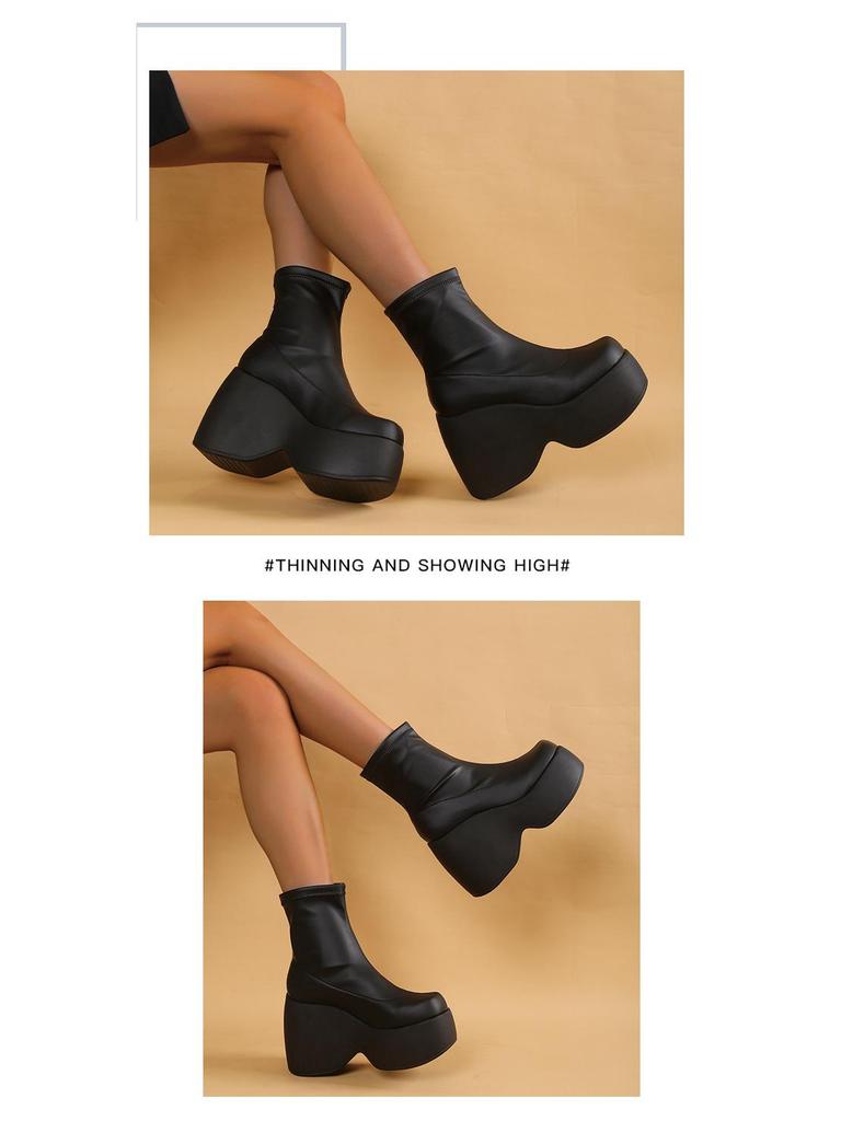 2022 Ботильоны на толстой платформе, клиновидном каблуке, с квадратным носком из кожи