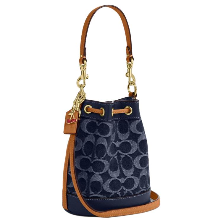 New COACH Signature Fabric With Cow Leather Bucket Bag, Shoulder Bag, Crossbody Bag, Handbag Mini Women's Denim Blue CY740-IMXIA