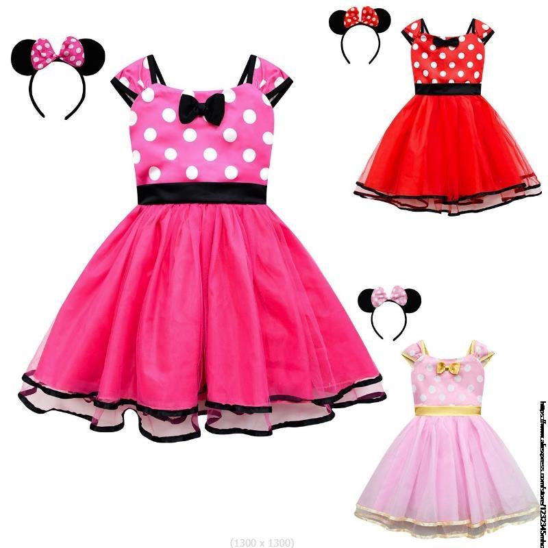 Summer Polka Dot Princess Dress, Mickey Minnie Dress, Mesh Red European and American Short Sleeved Skirt And Hairband