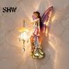 Healing Home Aesthetic Decor Fairy Wall Night Light, Resin Elf Sculpture Lantern for Bedroom, 3D Romantic Bedroom Light Hanging Art with Faux Crystal