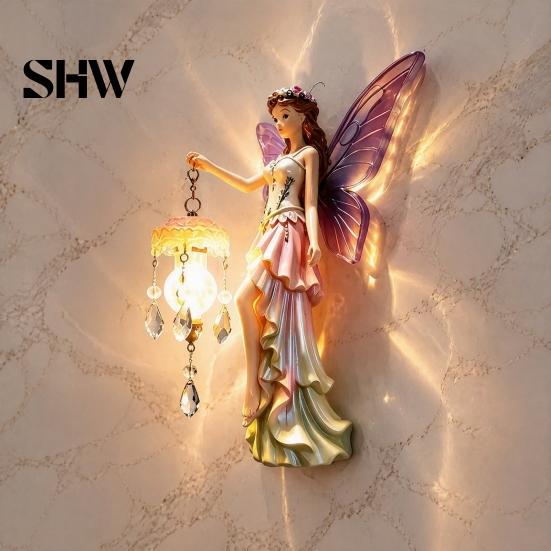 Healing Home Aesthetic Decor Fairy Wall Night Light, Resin Elf Sculpture Lantern for Bedroom, 3D Romantic Bedroom Light Hanging Art with Faux Crystal
