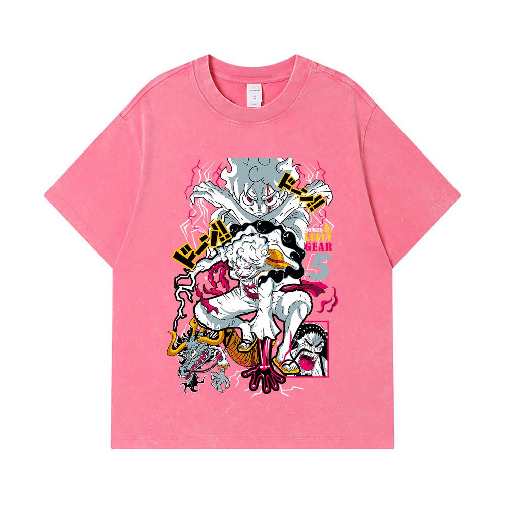 275 GSM Washed T-shirts 100% Cotton One Piece V23 Luffy Gear Print Unisex Heavy Cotton T Shirt