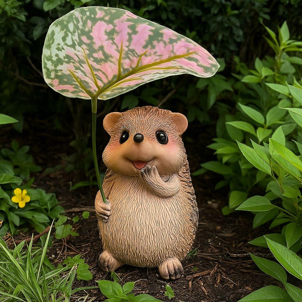 Cute Leaf Umbrella Hedgehog Figurine Weatherproof Handmade Garden Hedgehog Statue Resin Small Hedgehog Sculpture