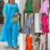 2024 Women's Cotton Linen Casual Plus Size Two-Piece Set: Irregular Long Sleeve Top & Wide Leg Pants