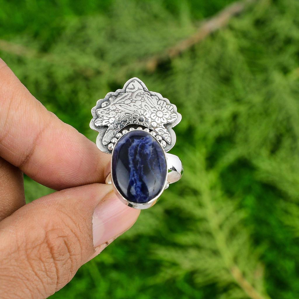 Sterling Silver Third Eye Chakra Sodalite Gemstone Unique Solitaire Artisan Ring