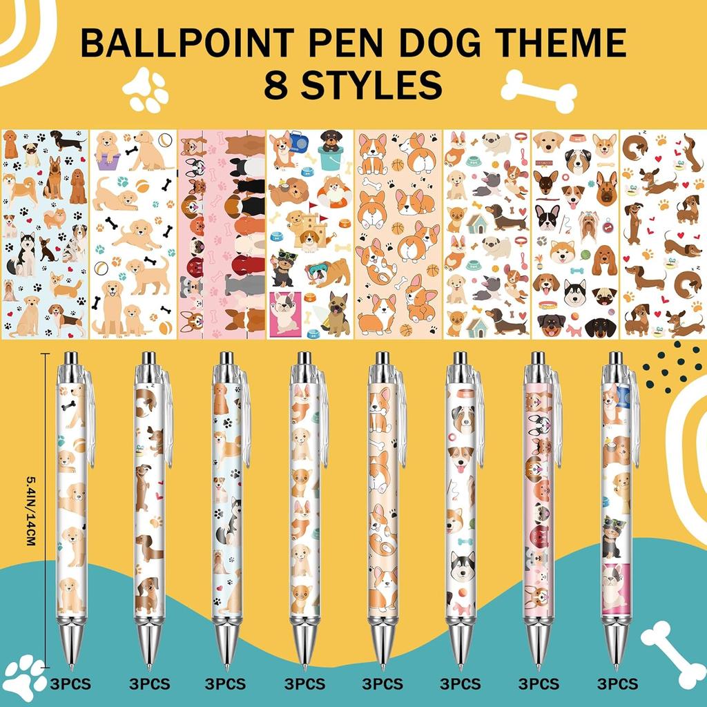 Dog Ballpoint Pens Gifts - School Office Retractable Supplies 24 Pcs Cute Gifts Bulk Black Ink Smooth Fine Point Writing Pen Colorful Graduation