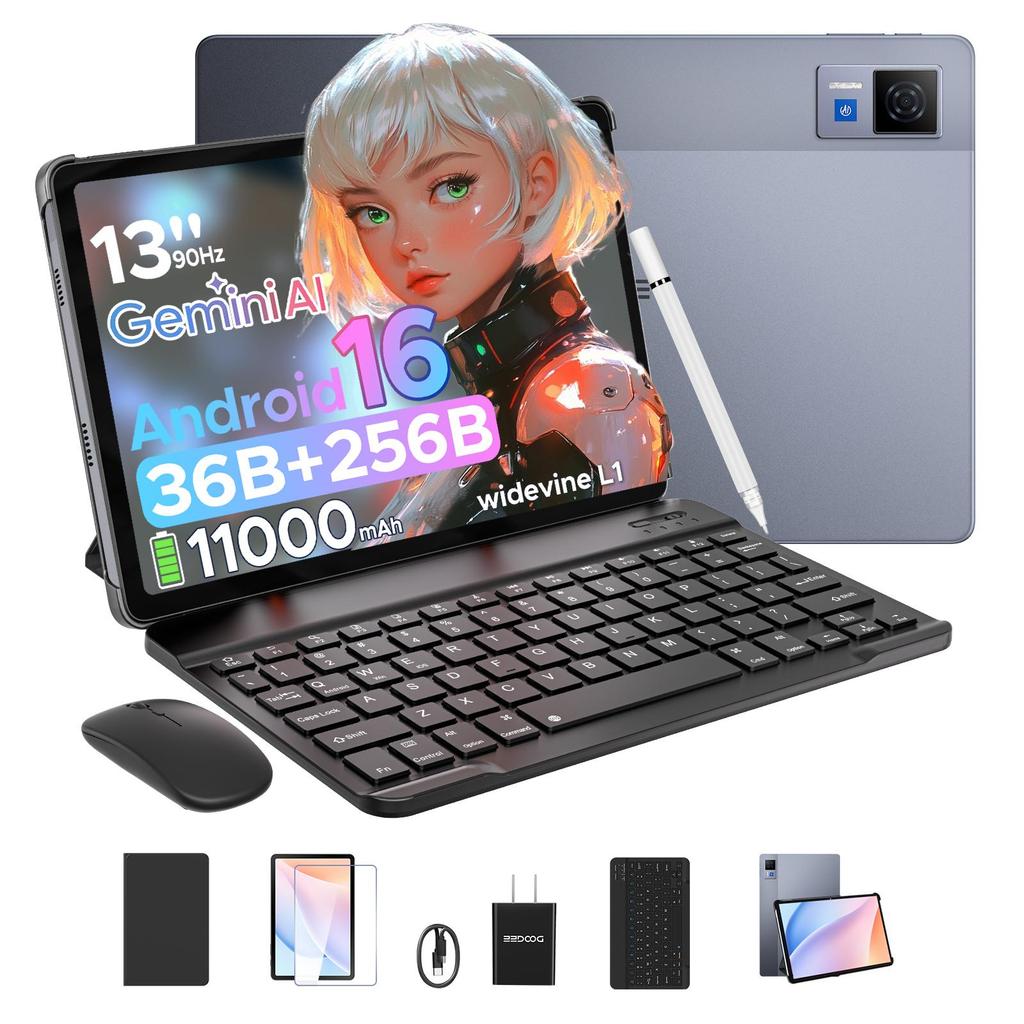 DOOGEE U13 Android 16 Tablet 13 inch Tablets, 32GB RAM+256GB ROM(2TB TF), 11000mAh Tablet with Keyboard Mouse Pen Case