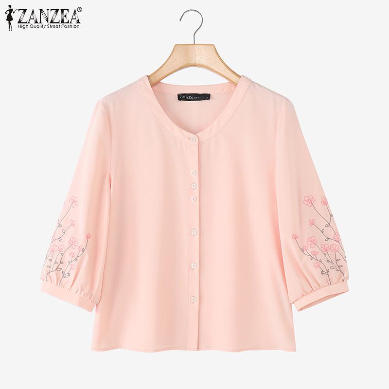 ZANZEA Women Casual Floral Print 3/4 Sleeve Loose Round Neck Blouse