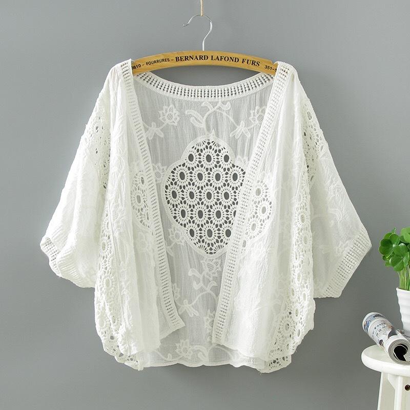 New Embroidery/Embroidered Batwing Sleeve Cotton Cardigan Hollow Embroidery Sun Protection Shirt Short Air-Conditioner Shirt Loose Seaside Outer