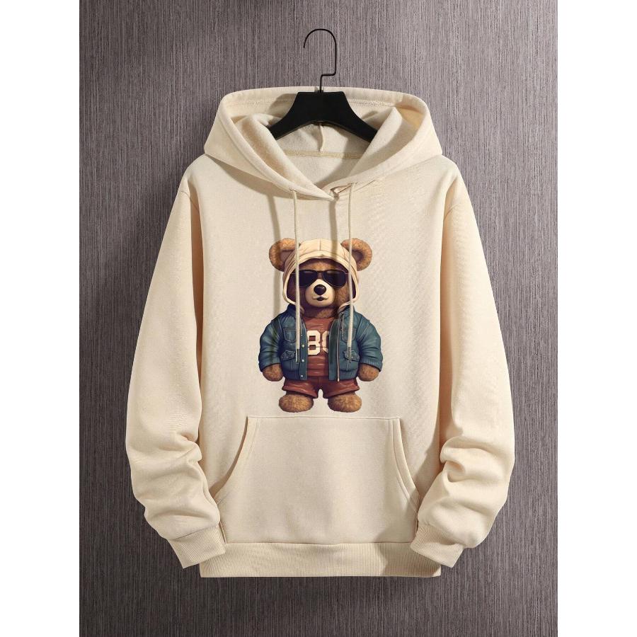 Manfinity Dauomo Men Bear Print Kengaroo Pocket Drawstring Thermal Hoodie