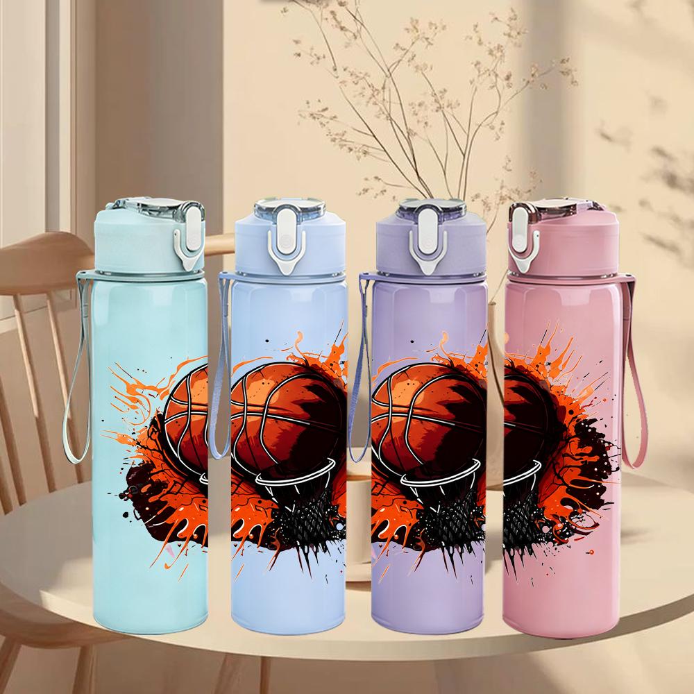 1PC Dripping Orange Basketball Graphic 750ml Color Plastic Water Bottle Leakproof Flip Straw Lid For Sports Office Home Use