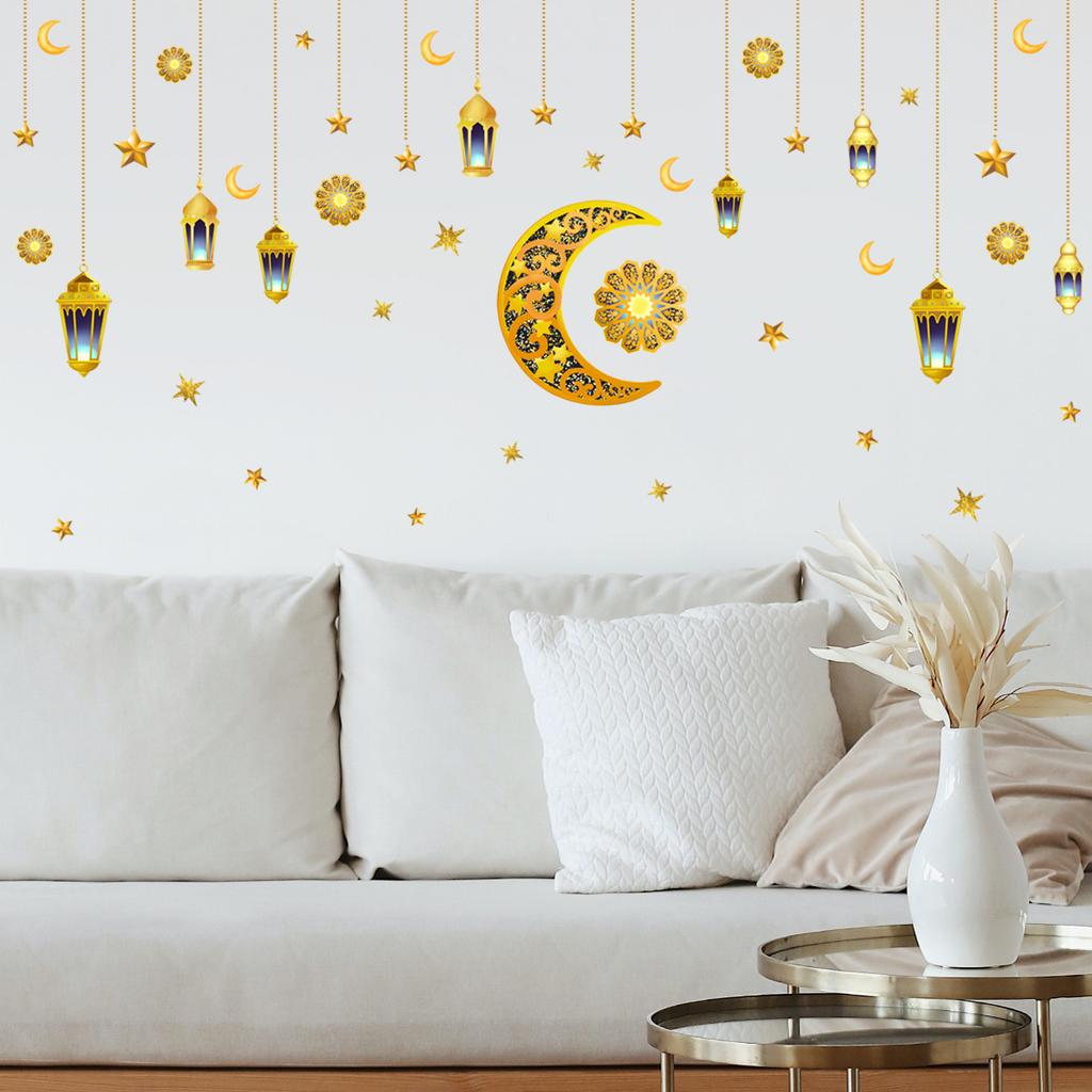 Ramadan Wall Stickers Moon Star Lantern Ornaments Wall Decals Ramadan Decoration For Home 2023 Islamic Muslim Mural Eid Mubarak