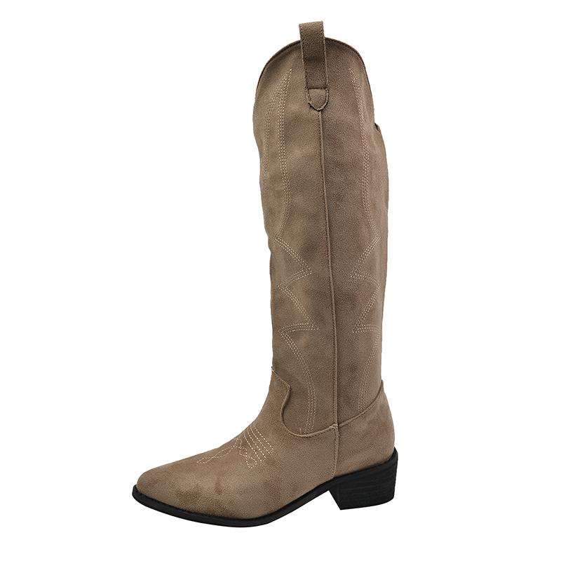 Женские ковбойские сапоги, модные женские элегантные сапоги до колена на квадратном низком каблуке без шнуровки, женская зимняя обувь