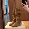 2025 Korean Style Round Toe Suede Scrunch Boots, Height-Increasing 6cm, Women's Mid-Calf, Autumn/Winter Fashion.