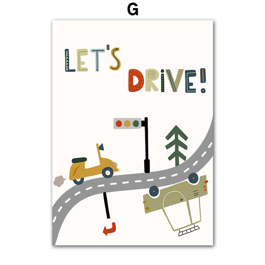 Cute Cartoon Vehicle Nursery Wall Art Poster - Cars Truck Fire Truck Prints for Kids Baby Bedroom Playroom Decor Canvas Painting