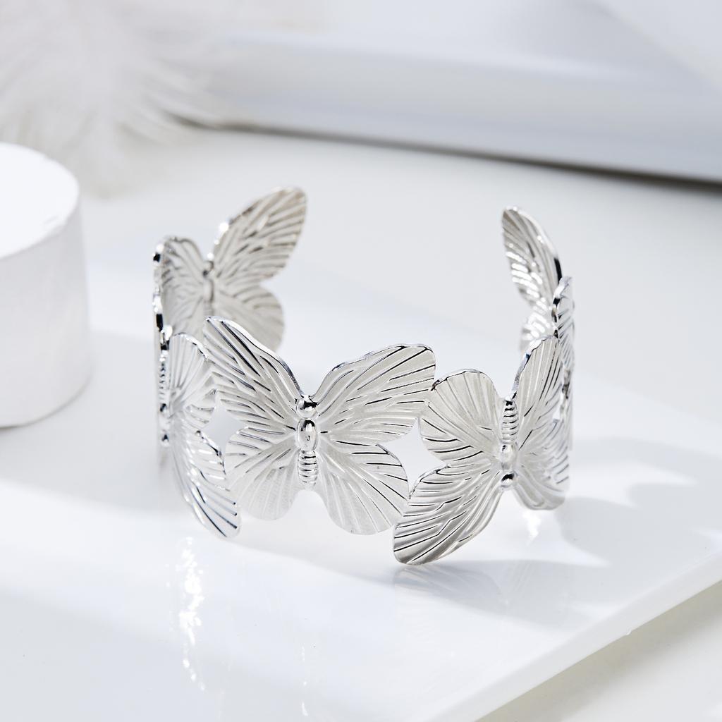 High Quality Stainless Steel Hollow Flower Butterfly Open Wide Bracelet Gold Plated Adjustable Cuff Bracelets For Women Jewelry