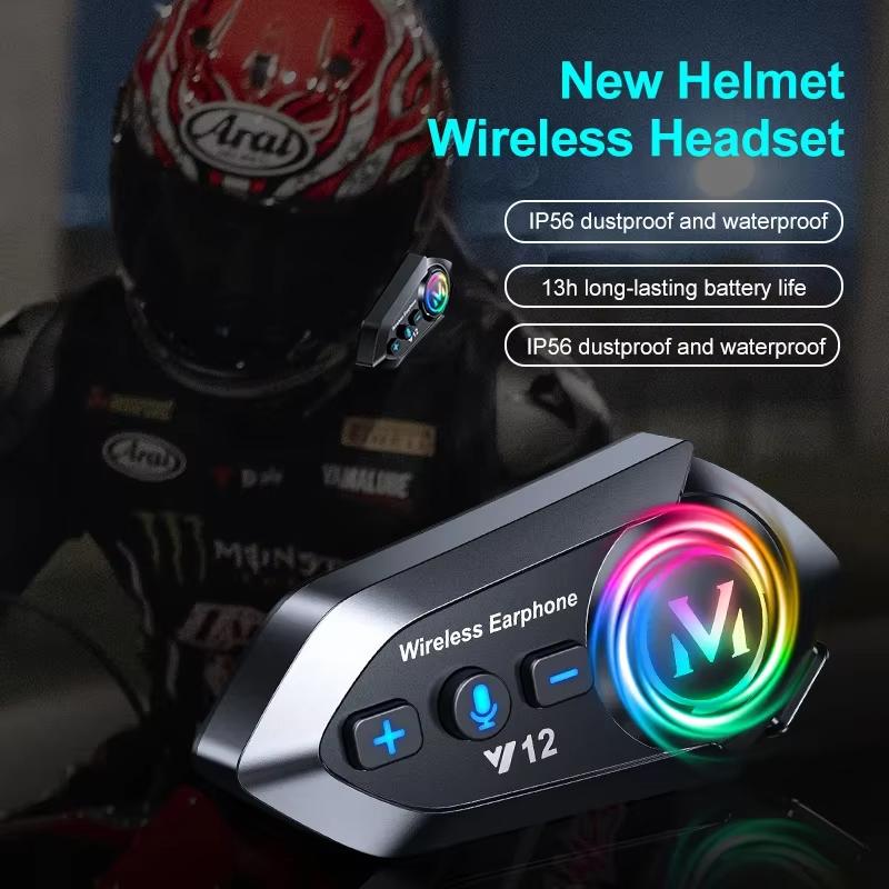 Y12 500M Two Rider Wireless Bluetooth 5.4 Motorcycle Helmet Headphone IPX6 Waterproof 800mAh Noise Canceling RGB Color FM Radio Headset