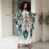 Vintage Peacock Feather Printing Loose Kaftan Swimsuit Coverup For Women Summer Casual House Dress Beachwear Cover-up