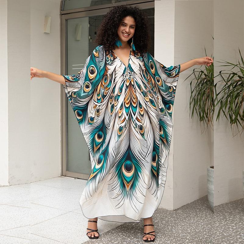 Vintage Peacock Feather Printing Loose Kaftan Swimsuit Coverup For Women Summer Casual House Dress Beachwear Cover-up