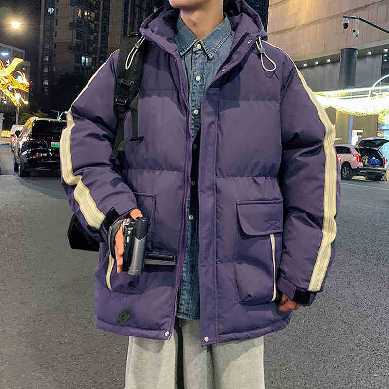 Мужская пуховая хлопковая куртка с боковыми полосками для осени и зимы, утолщенная рабочая одежда с большим карманом, хлопковая куртка