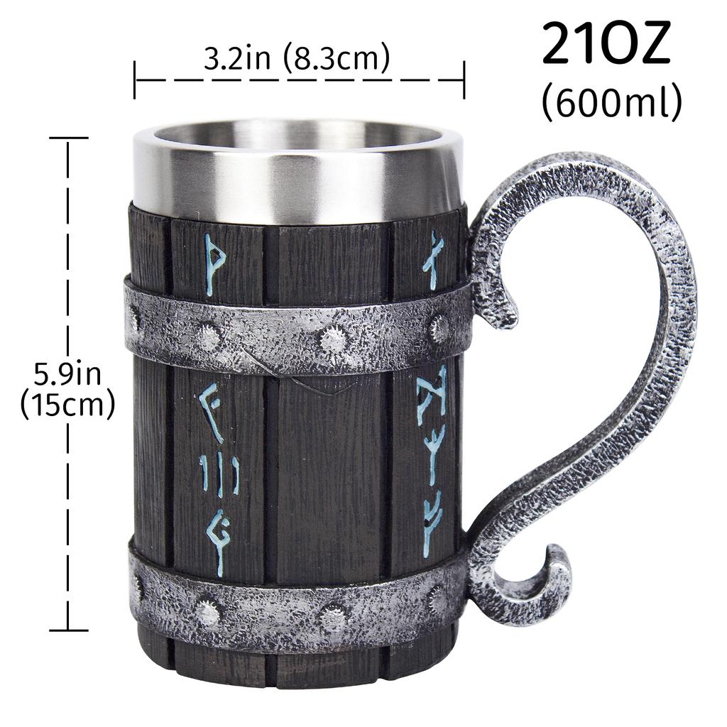 Nordic Viking Rune Mug Tankard Stainless Steel Wooden Resin 3D Norse Decor Coffee Cool Gothic Beer Tankard Stein Cup Mugs 600ml