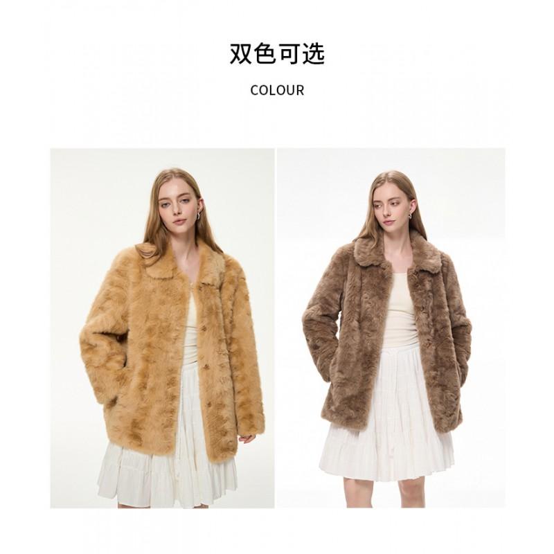 Faux Fur Coat Women Loose Fit Turn Down Collar Mid Length Winter Petite Friendly Warm Outerwear