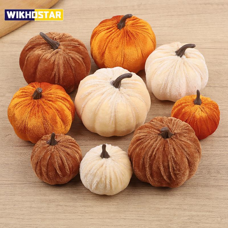 9pcs Velvet Artificial Pumpkins 3 Size Mixed for Halloween Party Thanksgiving Home Table Decoration Autumn Fall DIY Craft Wreath