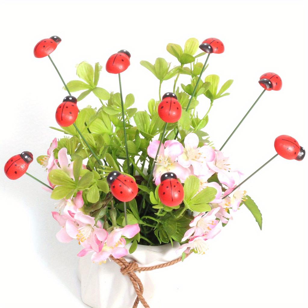 10pcs Wooden Ladybug Garden Stakes, Red, Contemporary Style, No Battery Needed, Ideal for Easter & Festive Home & Office Decor