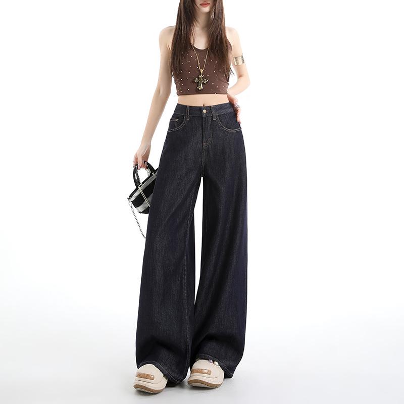 Denim Blue Retro Wide Leg Pants Women's Summer Lyocell Loose Thin Tall Ice Silk Straight Casual Floor Pants