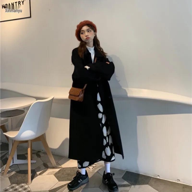 Корейское шерстяное пальто цвета овса - Женское, средней длины, свободного кроя, универсальная верхняя одежда на осень/зиму