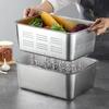Thicken Kitchen Food Storage Drain Tray Rectangular Stainless Steel Pastry Bread Pan Vegetables Fruit Drainer Plate with Lid