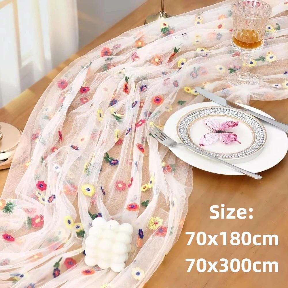 Colorful Flower Lace Tulle Runner Embroidery Daisy Floral Table Cover for Bridal Shower