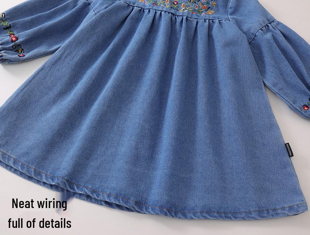 MDD 2024 Милое джинсовое платье с вышивкой в виде цветов, с длинным рукавом для девочек